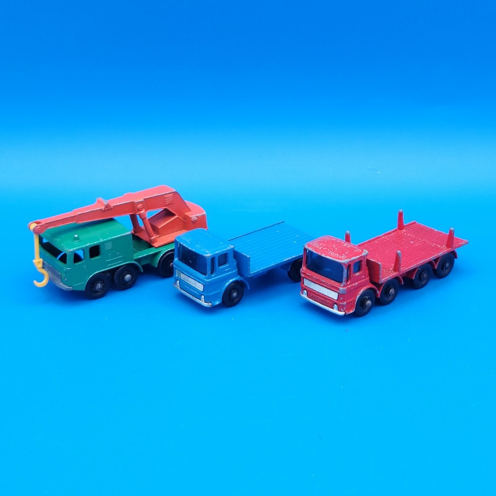 Vintage Matchbox Blue Site Hut Truck, 8 Wheel Crane & Red Pipe Truck
